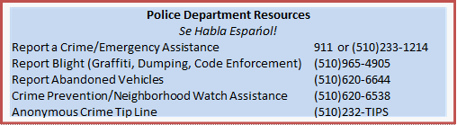 Police Department Resources Se Habla Espańol! Report a Crime/Emergency Assistance 911 or (510)233-1214 Report Blight (Graffiti, Dumping, Code Enforcement) (510)965-4905 Report Abandoned Vehicles (510)620-6644 Crime Prevention/Neighborhood Watch Assistance (510)620-6538 Anonymous Crime Tip Line (510)232-TIPS